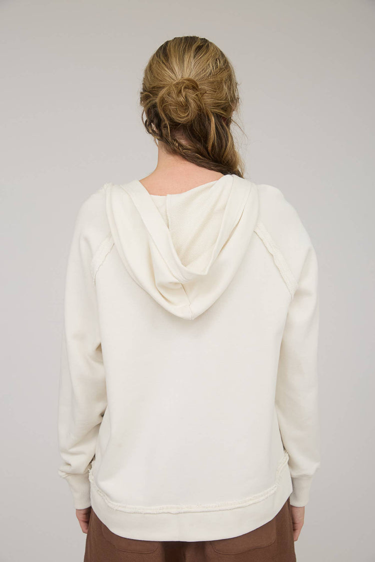 HOODED V NECK RAW EDGE LONG SLEEVE KNIT TOP