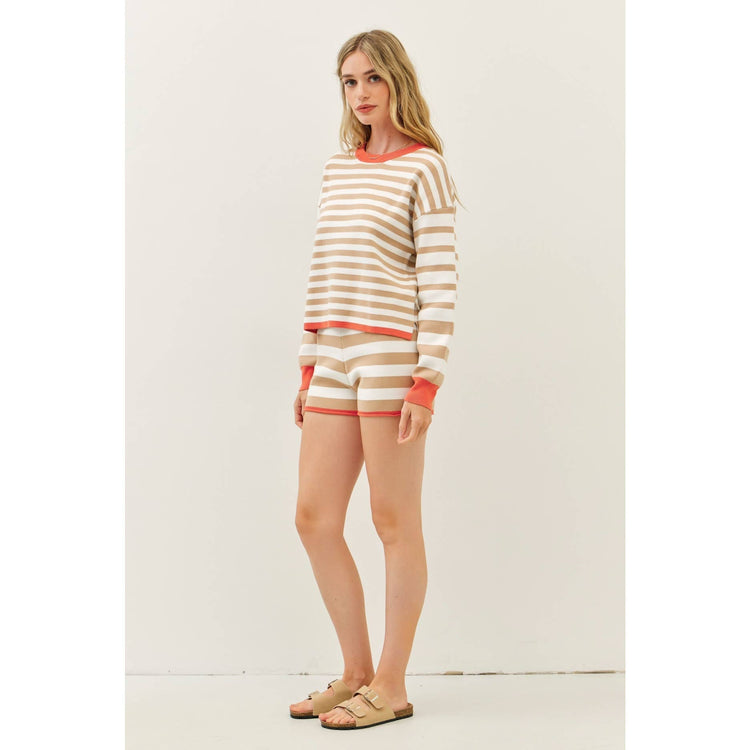 SOFT STRIPE MIXED SWEATER TOP AND SHORTS