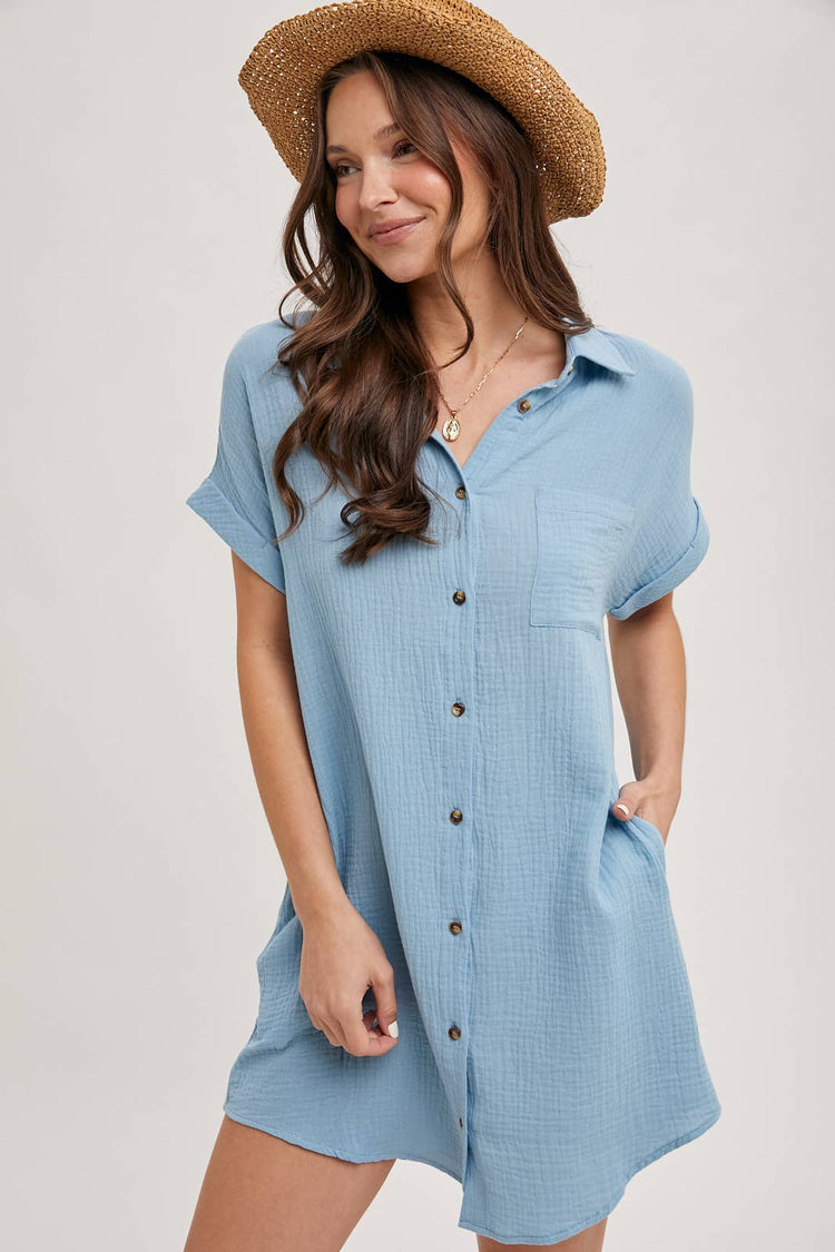 Button Up Shirt Dress With Pockets