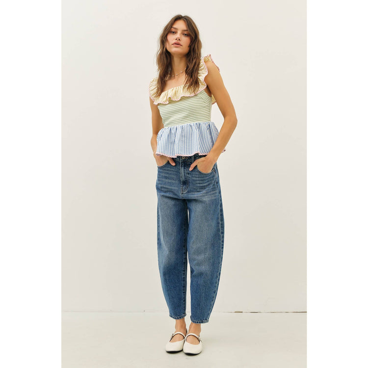Color Block Stripe Ruffle Top