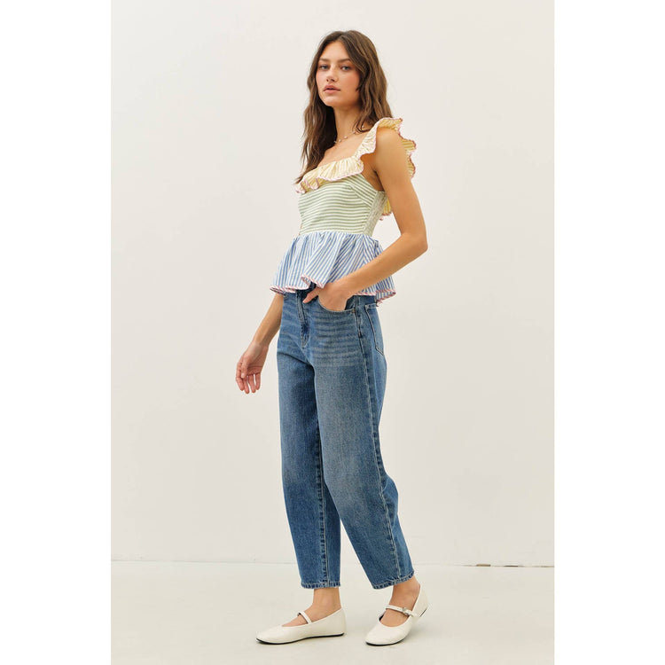 Color Block Stripe Ruffle Top
