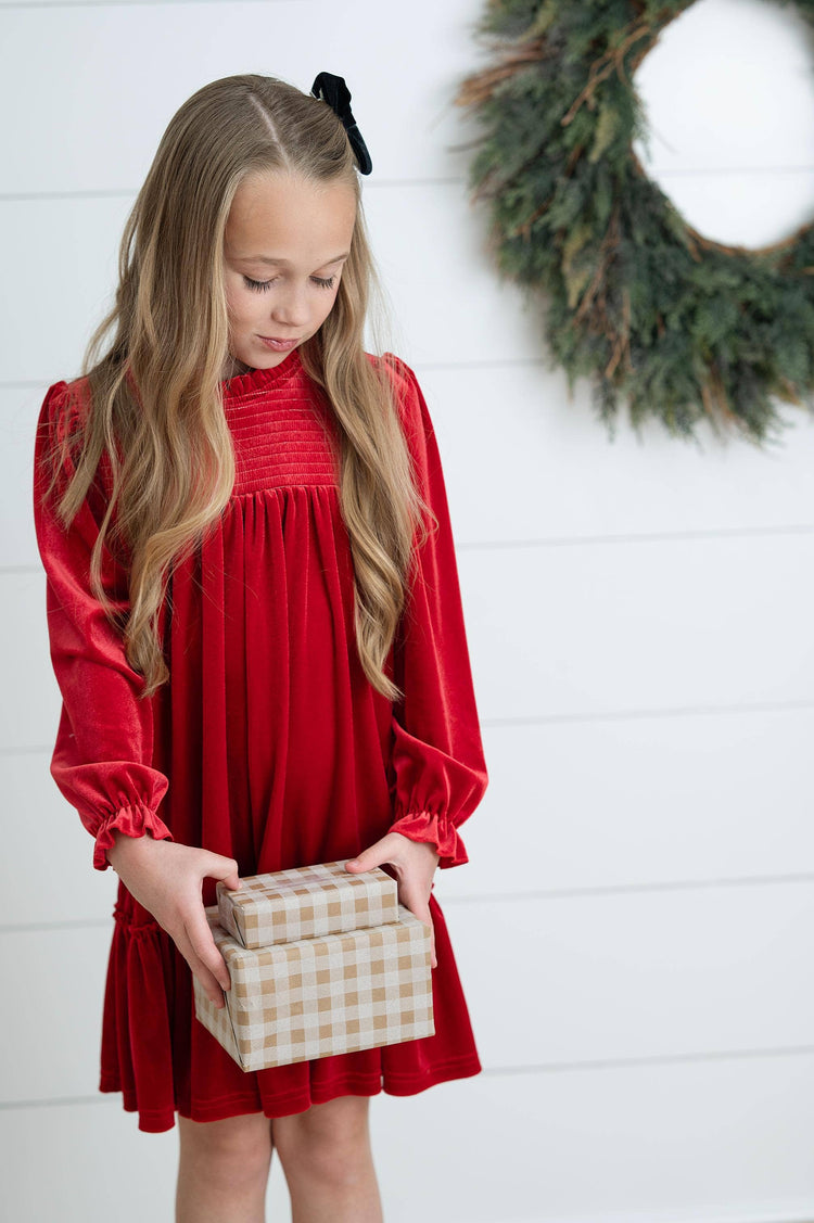Alexa Red Smocked Velvet Fancy Holiday Party Dress