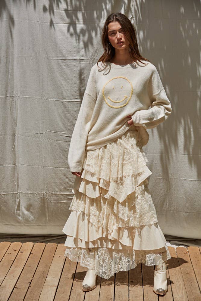 W2232 | Knit Sweater Smiley Face Pullover Top