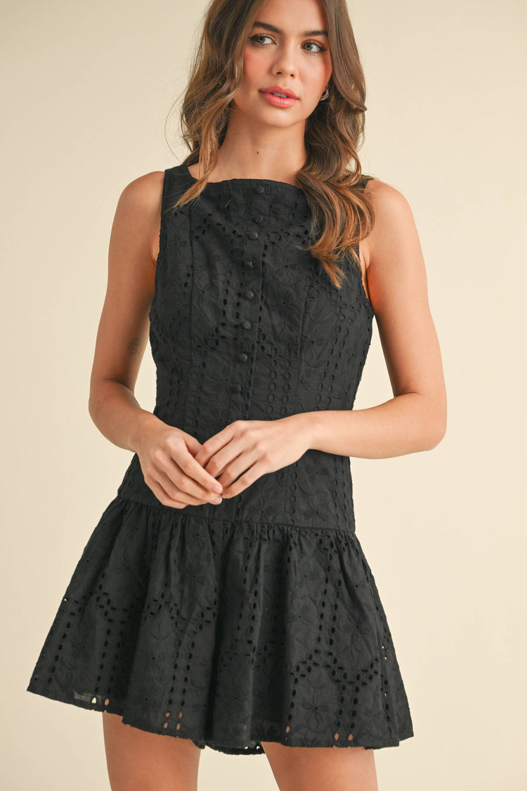 EYELET DROP WAIST BUTTON DETAILED FLARED ROMPER