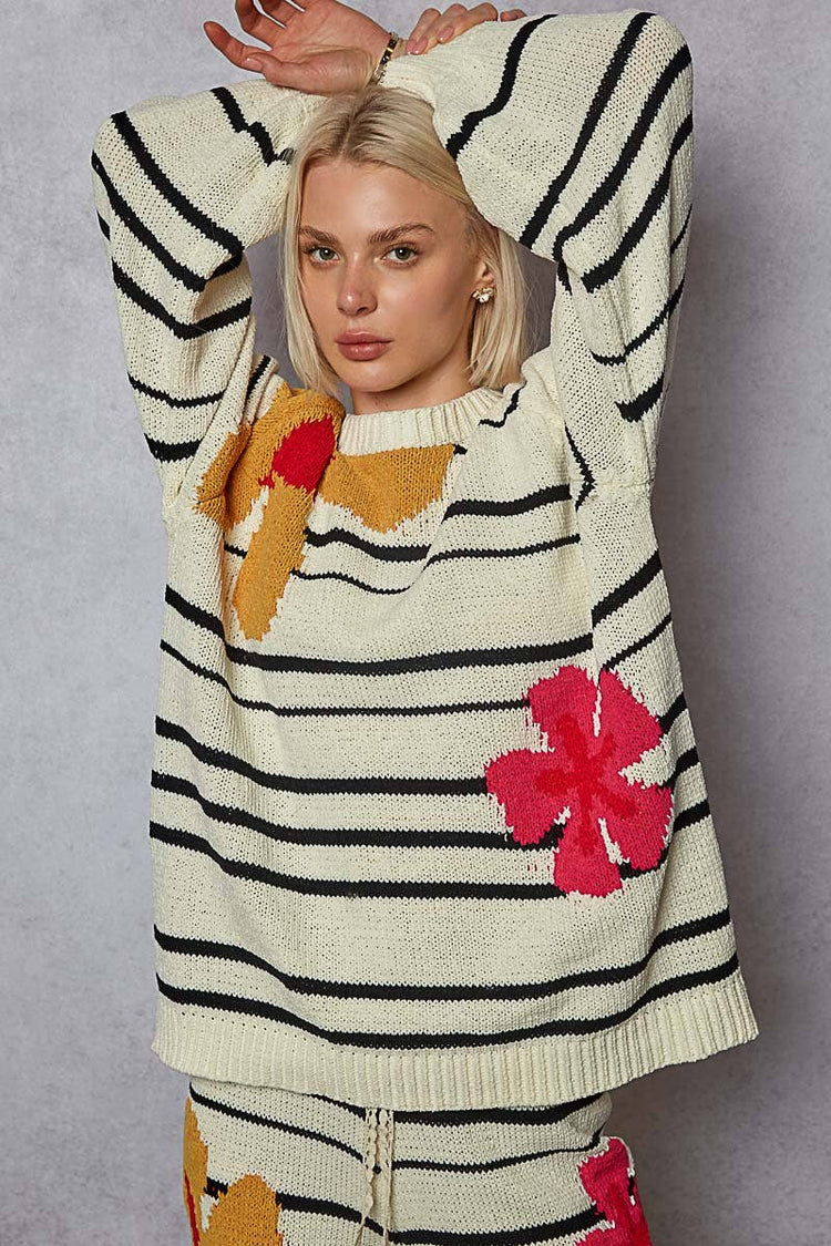 Round neck floral pattern striped chenille sweater top