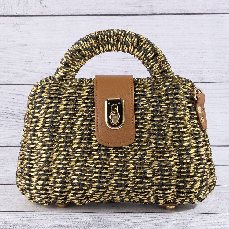 Woven Straw Turn Lock Top Handle Handbag