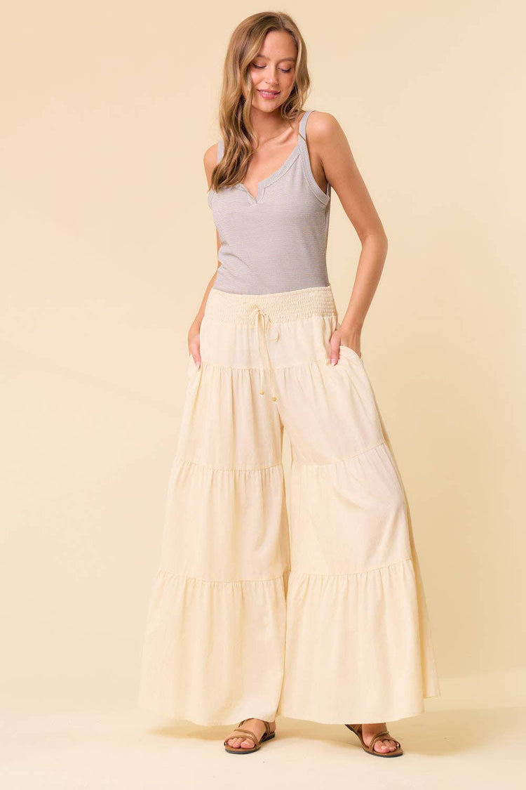 TIERED WIDE PANTS WITH SMOCKED WAIST