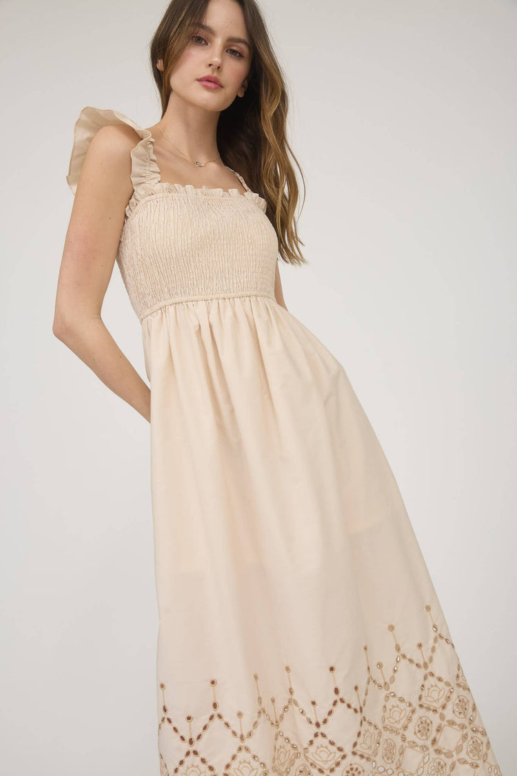 SMOCKED RUFFLE SLEEVE EYELET HEM MIDI DRESS
