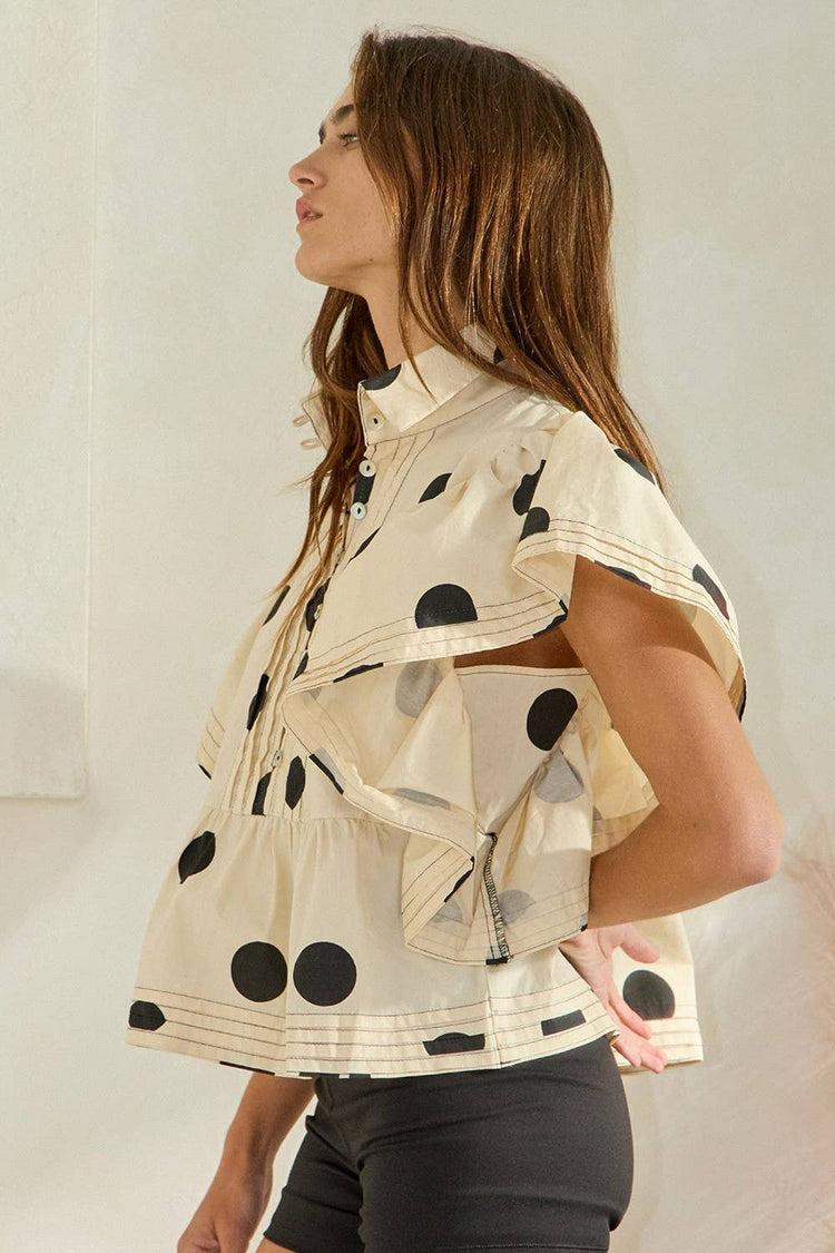 Ruffle Sleeves Pintuck Detail Polka Dot Print top