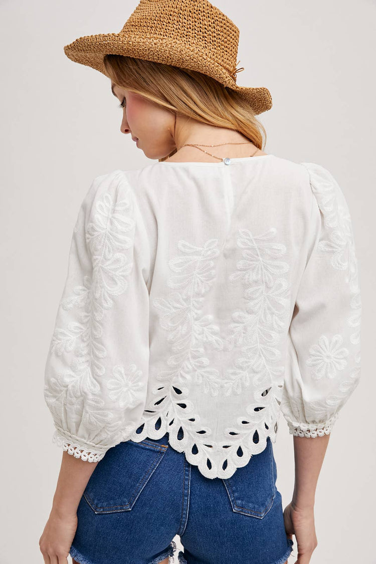 LACE CUTOUTS BOTTOM HEM BUBBLE SLEEVED TOP