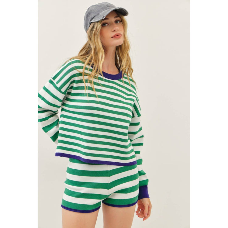 SOFT STRIPE MIXED SWEATER TOP AND SHORTS