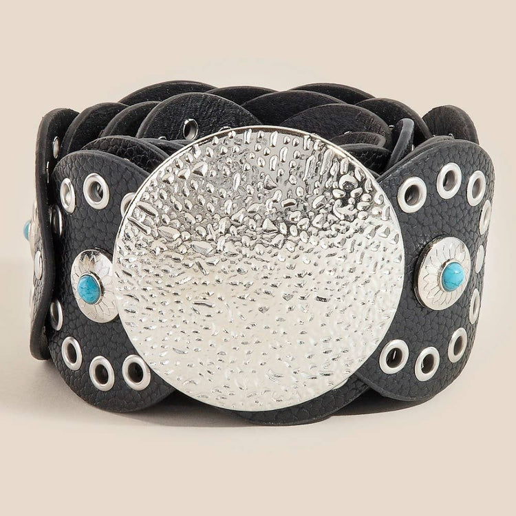 Western Turquoise Stud Faux Leather Disc Concho Chain Belt