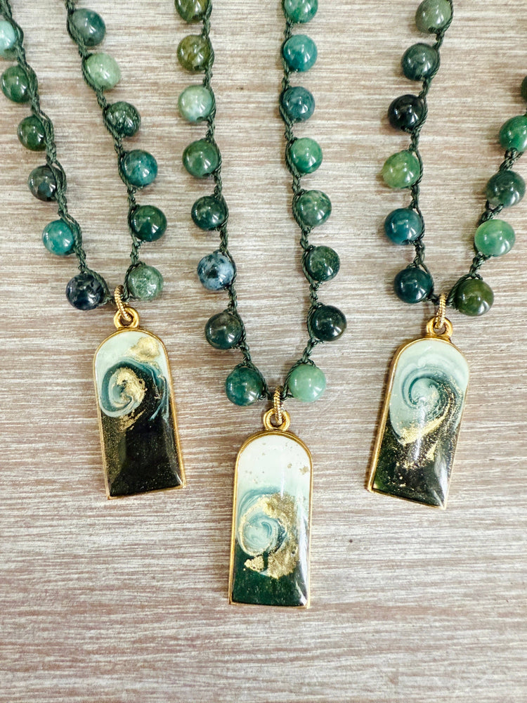 Green Wave Handmade Pendant And Crocheted Strand of Aventurine Stones