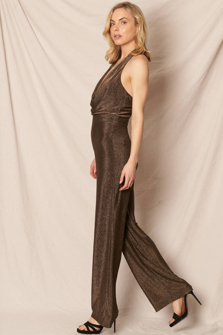 Halter Cowl Neck Glitter Metallic Jumpsuit