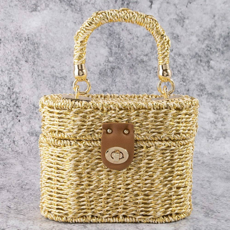 Metallic Woven Straw Top Handle Box Bag