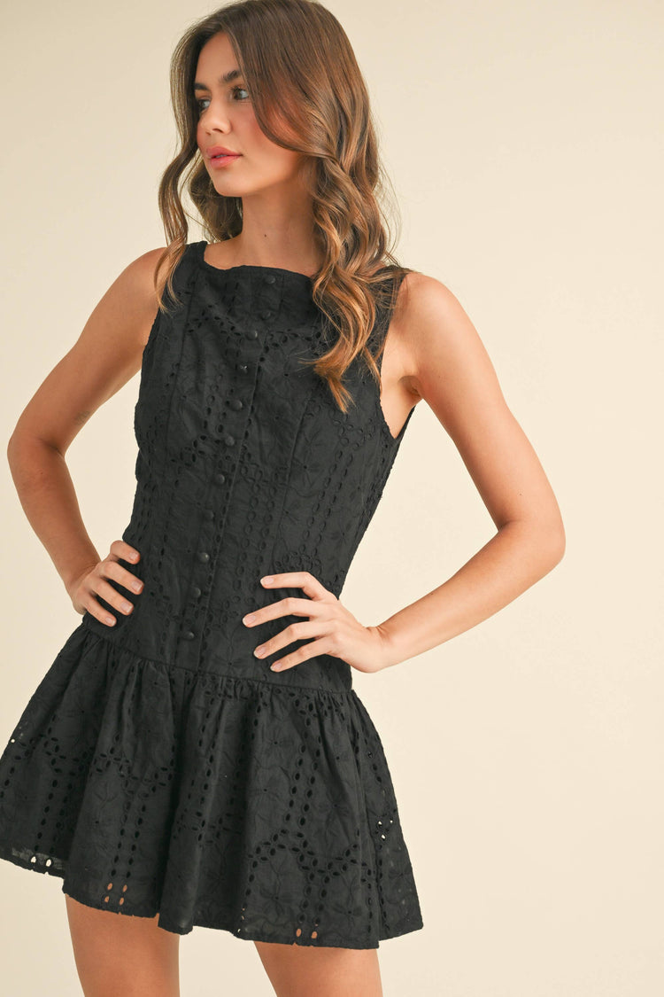 EYELET DROP WAIST BUTTON DETAILED FLARED ROMPER