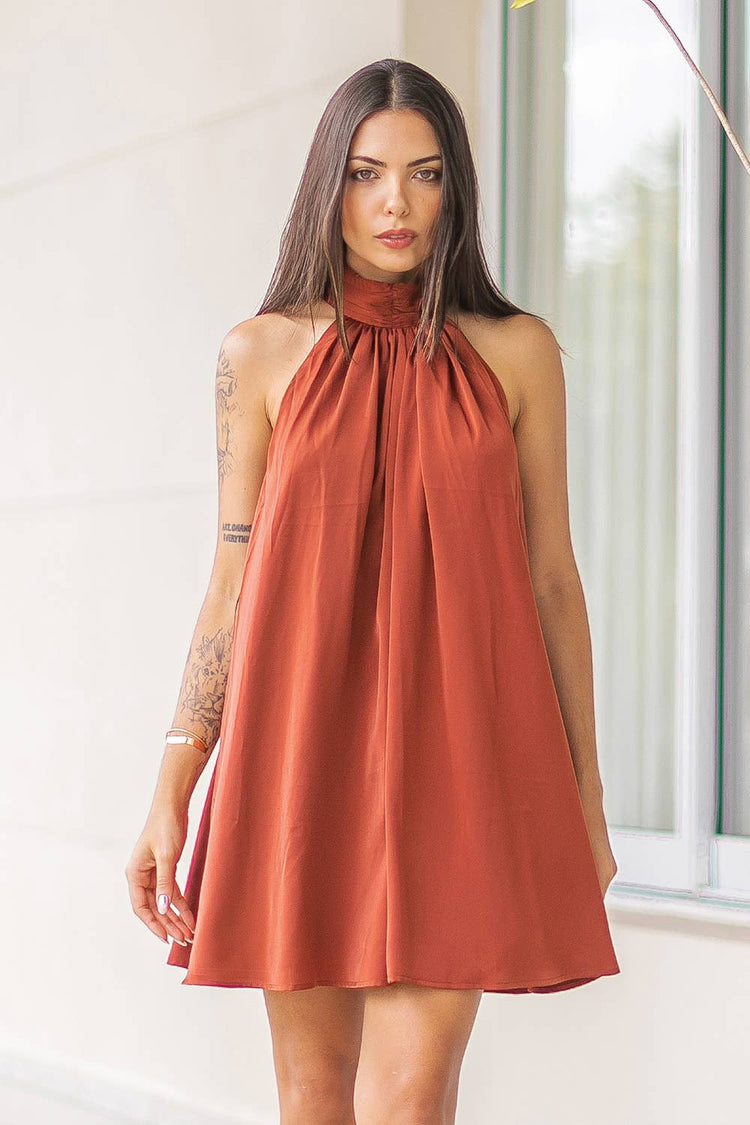 Mock Neck Halter Satin Mini Dress