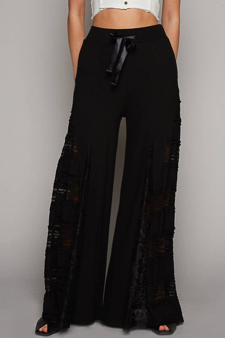 Lace Contrast Elastic Band Satin Strap Solid Wide Pants
