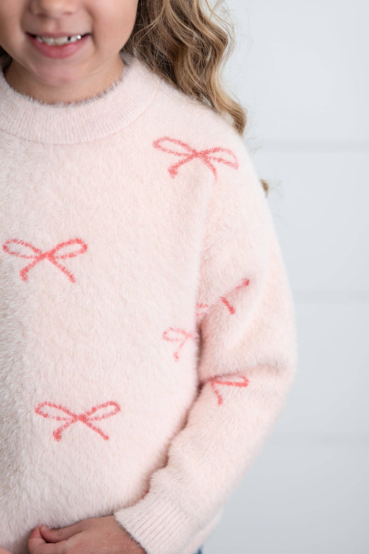 Girls Pink Bow Fuzzy Crew Neck Coquette Fall Winter Sweater