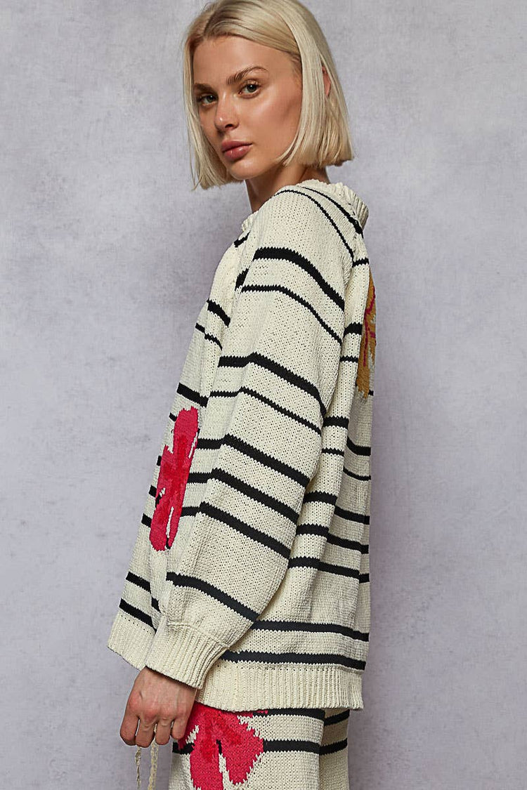 Round neck floral pattern striped chenille sweater top