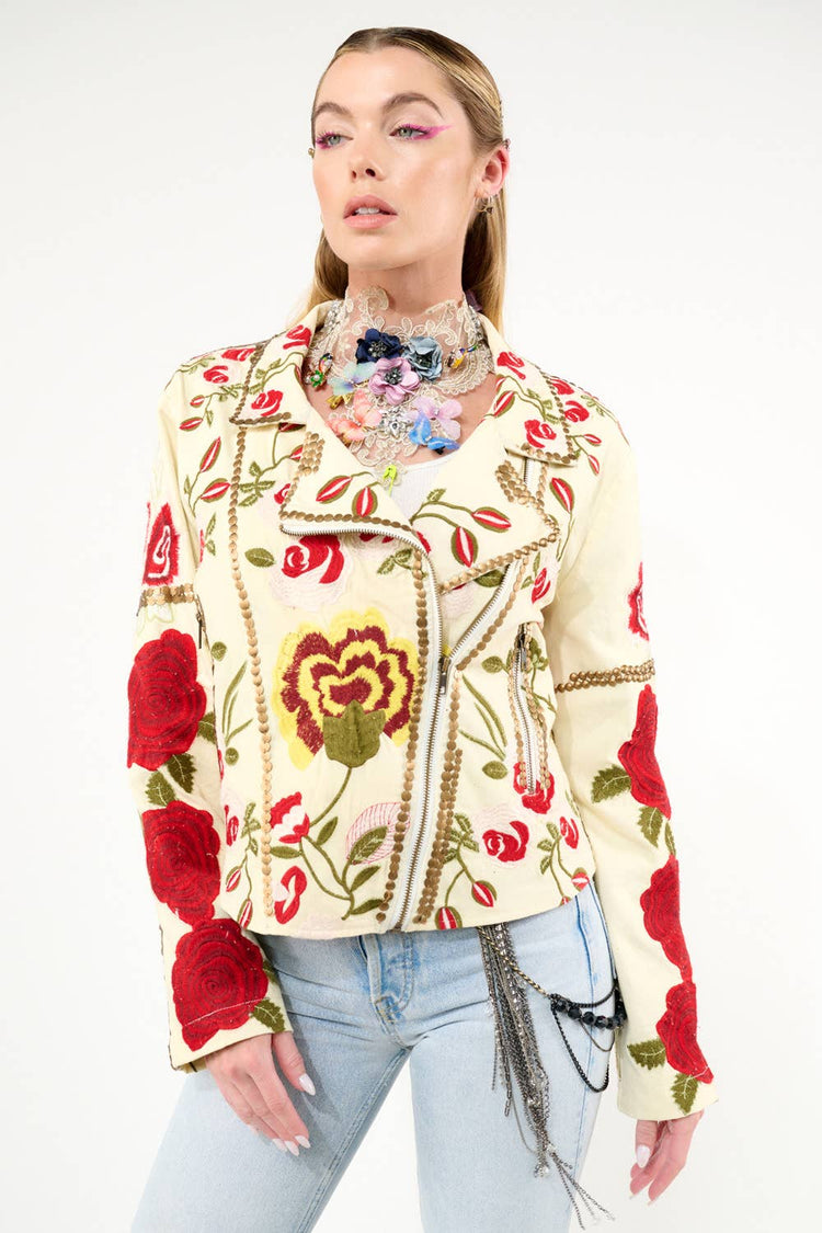 Carmen Embroidered Denim Motorcycle Jacket