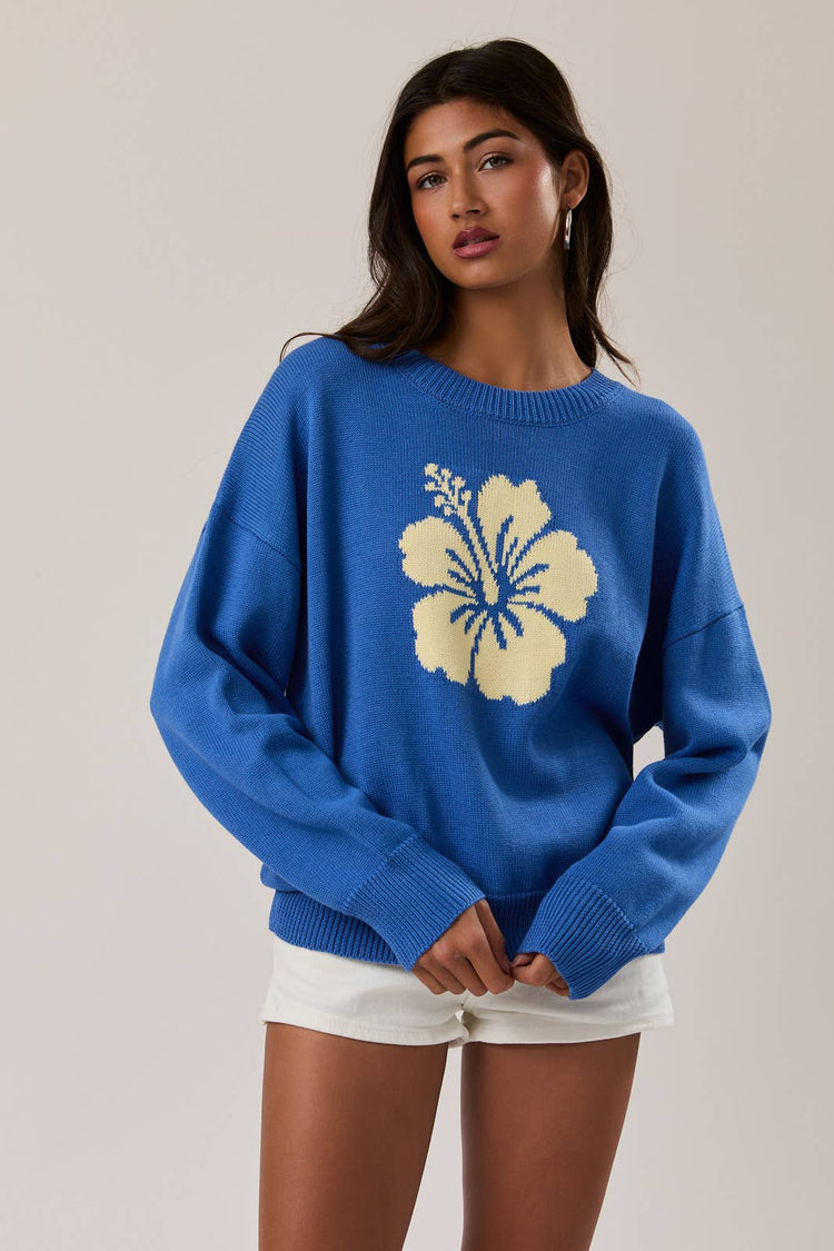 LONG SLEEVE CREW NECK HIBISCUS GRAPHIC SWEATER