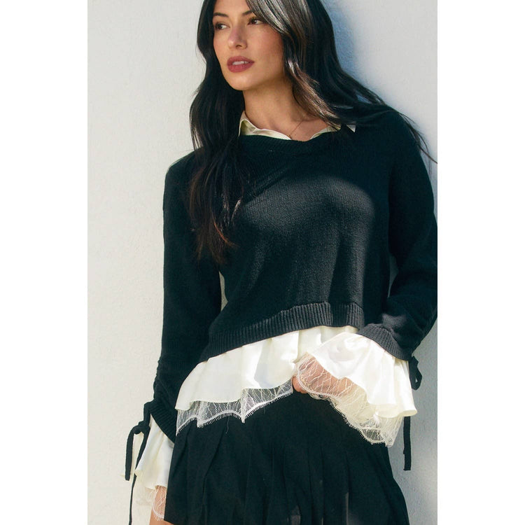 Satin Lace Shirt Insert Sweater (1)