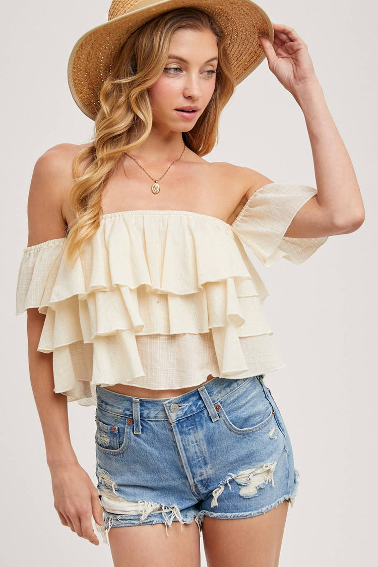 TEXTURED OFF-THE-SHOULDER TIERED CROP TOP