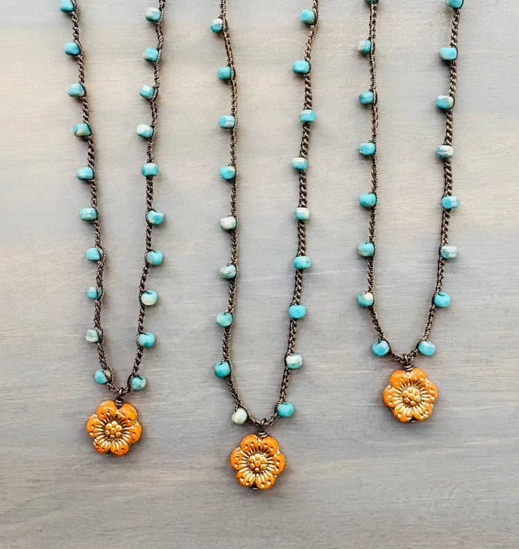 Orange Crush Wild Rose On Aqua Crocheted Crystal Necklace