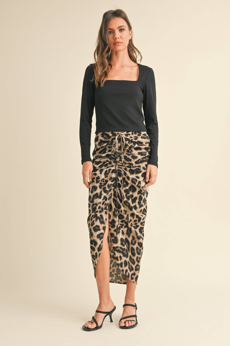 LEOPARD PRINT RUCHING DETAIL SKIRT
