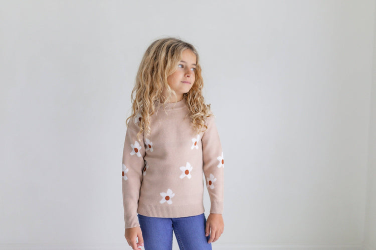 Kids Beige Flower Crew Neck Fall Winter Sweater