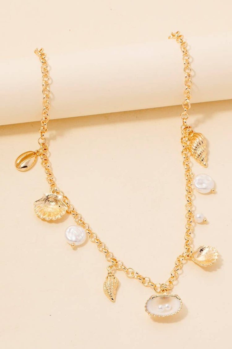 Pearl And Sea Shell Charms Chain Necklace