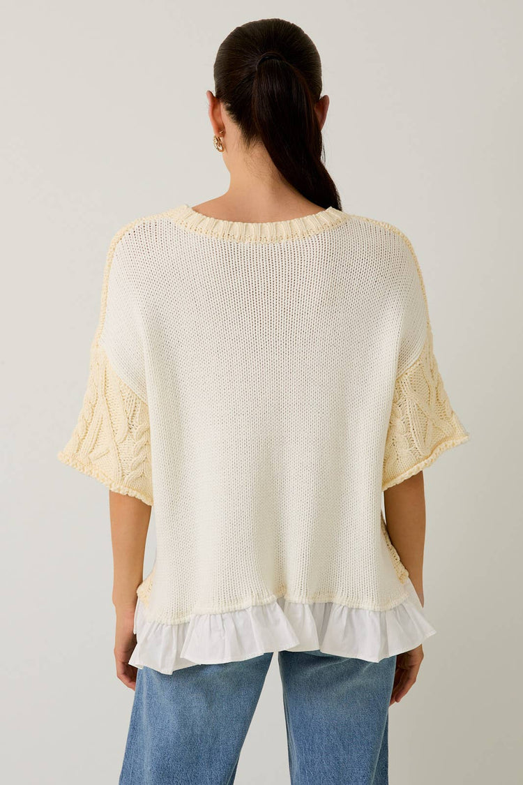 CABLE 3/4" SLEEVE KNIT WITH RUFFLE DETAIL
