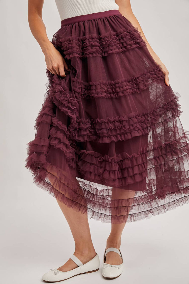 ROMANTIC RUFFLE TIERED TULLE MIDI SKIRT