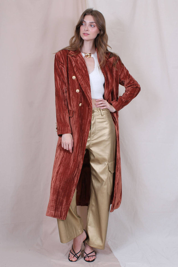 CHIC DOUBLE BREASTED WRINKLED VELVET LONG COAT