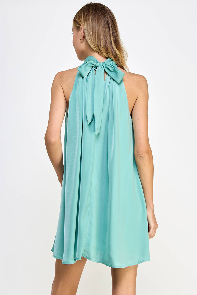 Mock Neck Halter Satin Mini Dress
