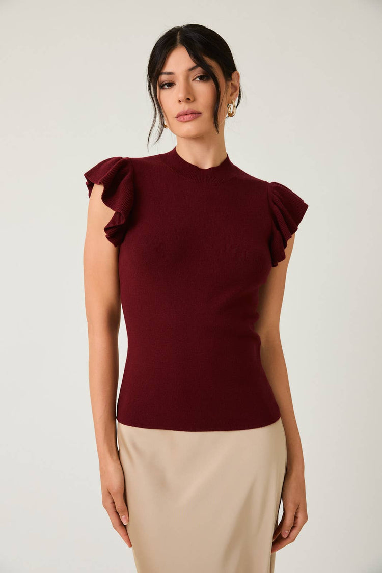 MOCK NECK RUFFLE SLEEVE KNIT TOP