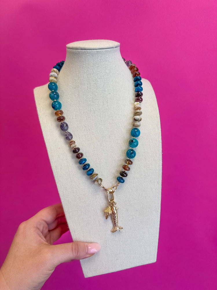 Fish Charm Necklace - Brown and Turquoise