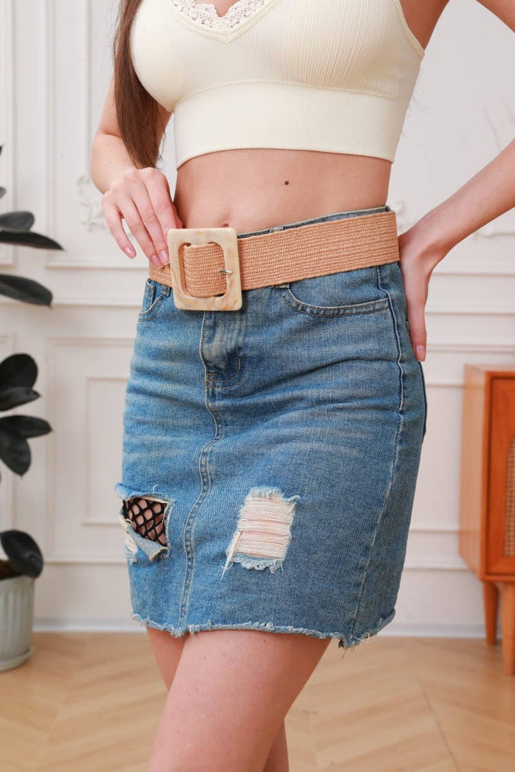 Marbled Swirl Square Buckle Elastic Belt