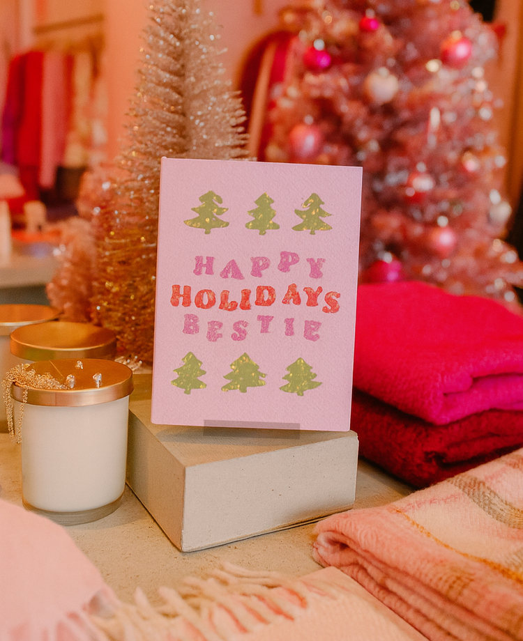 Happy Holidays Bestie Greeting Card | Pink Christmas Card