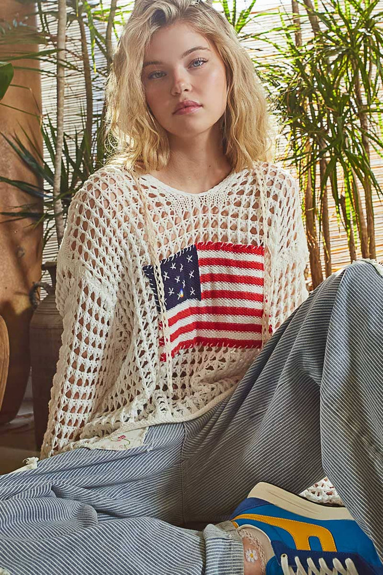 Long sleeve American flag hoodie thin sweater top