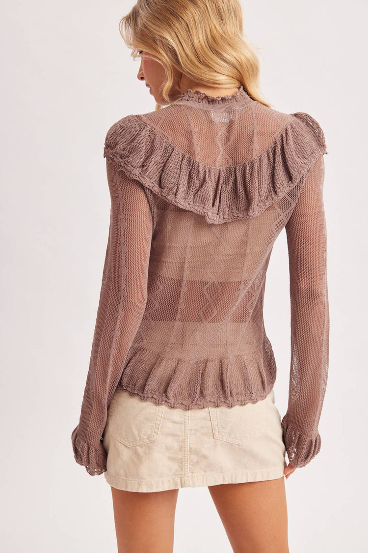 SHEER MOCK NECK BUTTON DOWN RUFFLED OPEN KNIT TOP NO LINING