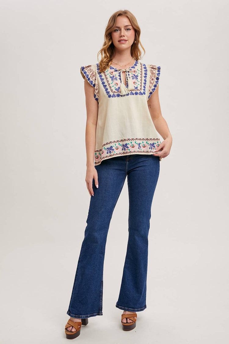 BOHO EMBROIDERED RUFFLED SLEEVE DRAWSTRING TOP