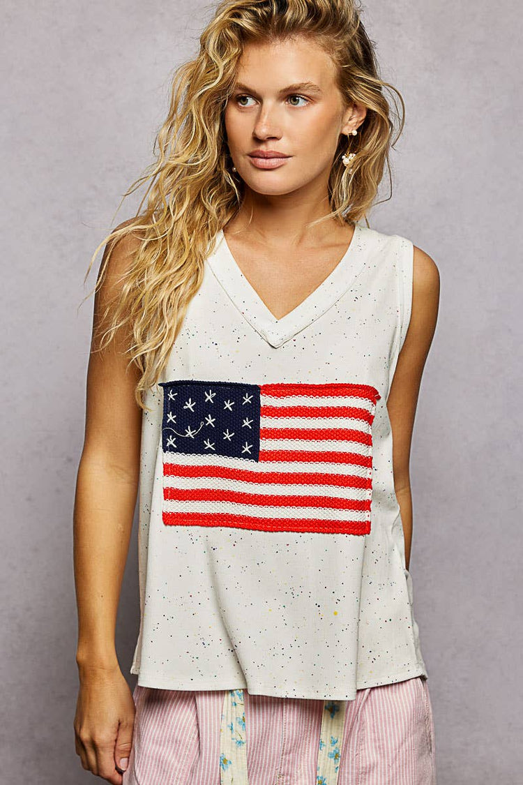 Handmade American Flag Patch Rib V-Neck Sleeveless Top