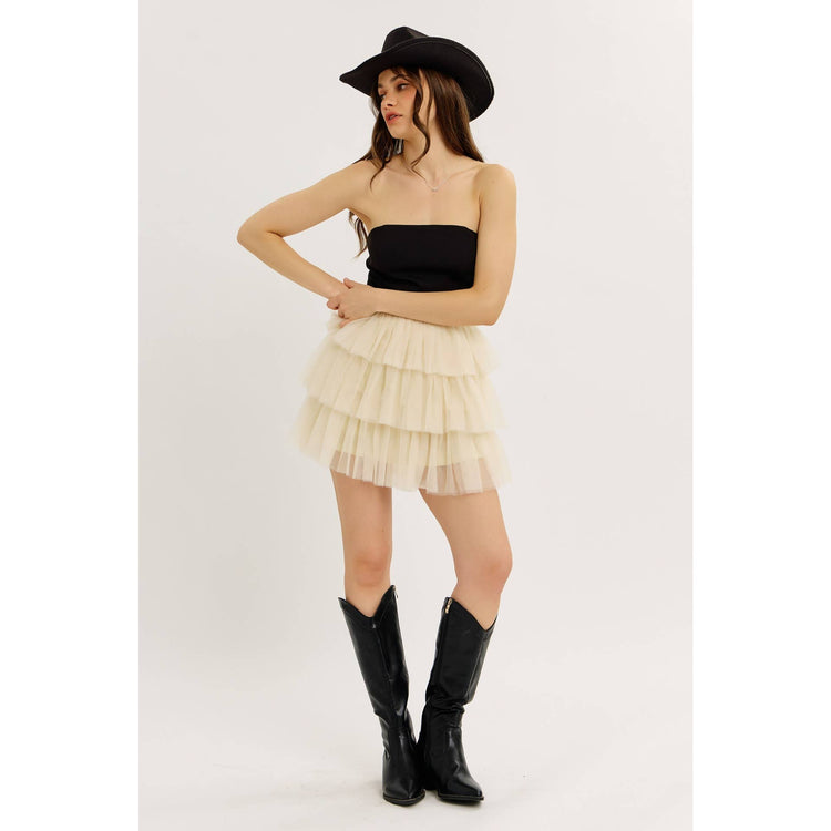 ROOFTOP NIGHT OUT STRAPLESS TIERED MESH ROMPER