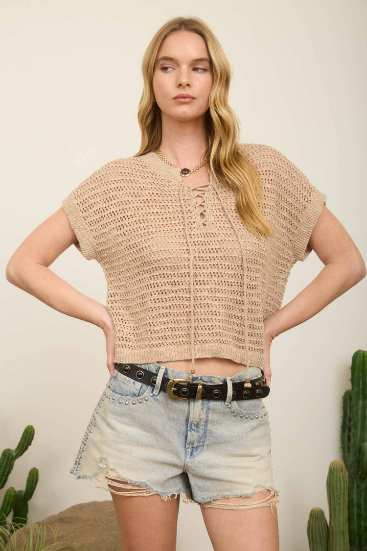 LACE UP NECKLINE CROCHET KNIT SHORT SLEEVE TOP