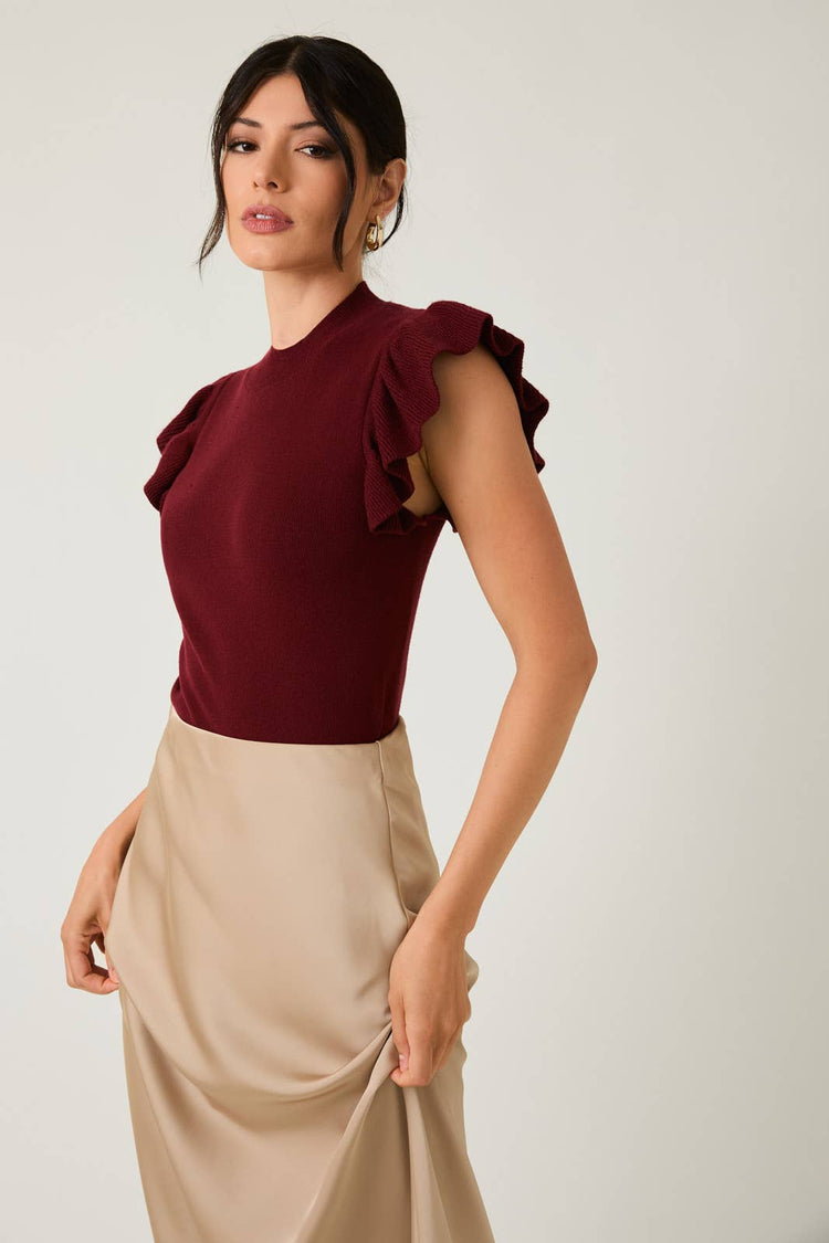 MOCK NECK RUFFLE SLEEVE KNIT TOP