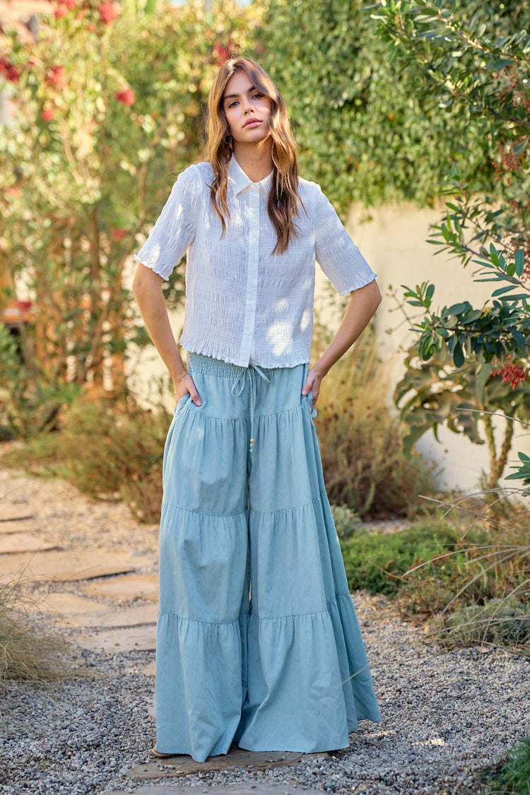 TIERED WIDE PANTS WITH SMOCKED WAIST