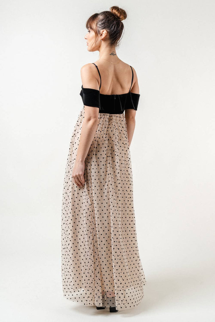 Off the Shoulder Velvet Mesh Polka Dot Maxi Dress