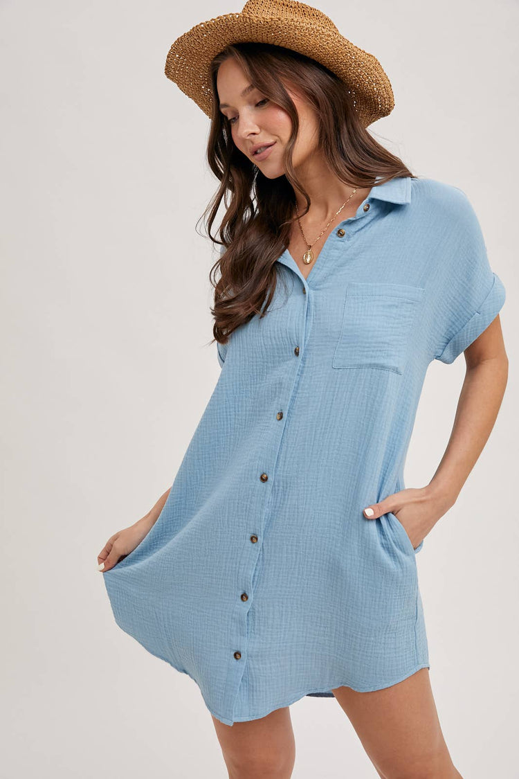 Button Up Shirt Dress With Pockets